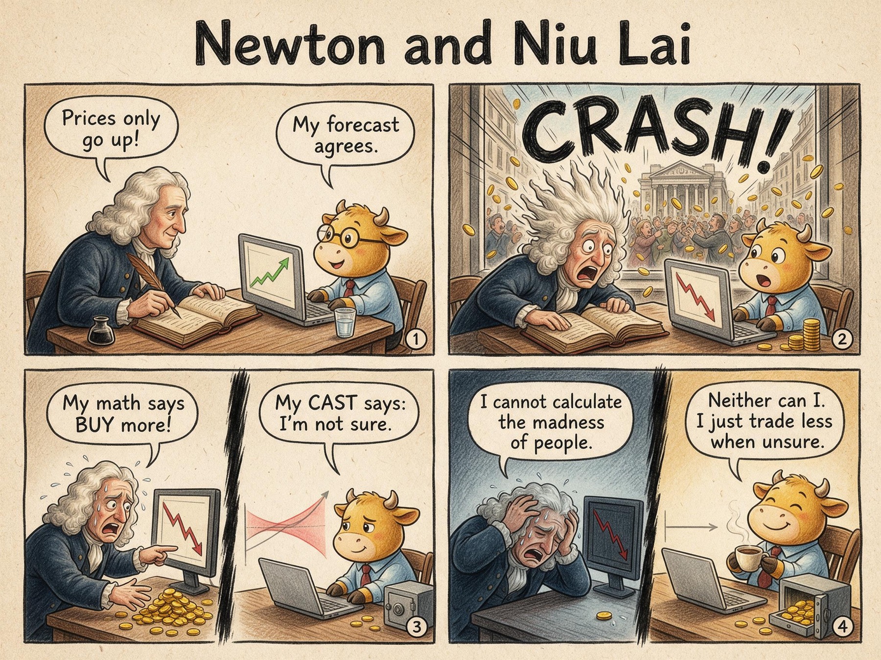 Four-panel comic, Newton and Niu Lai. 1: both forecast rising prices. 2: the market crashes. 3: Newton says 'My math says BUY more!' while Niu Lai, seeing a widening red uncertainty band, says 'My CAST says: I'm not sure' and moves his coins into a safe. 4: Newton, wiped out, says 'I cannot calculate the madness of people'; Niu Lai, sipping coffee, replies 'Neither can I. I just trade less when unsure.'